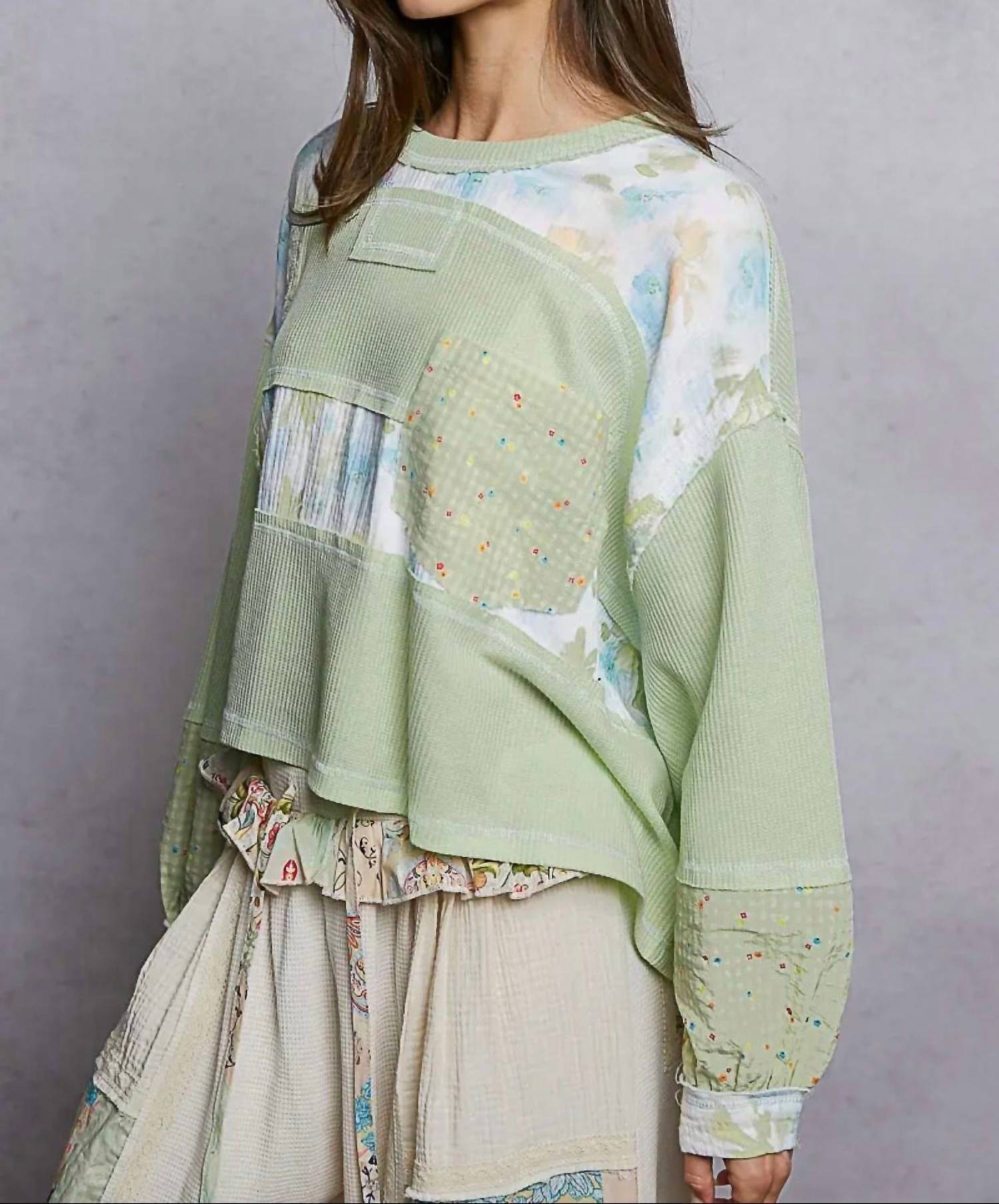 POL Floral Strip Stitch Knit Top in lime - women's blouse - detail view
