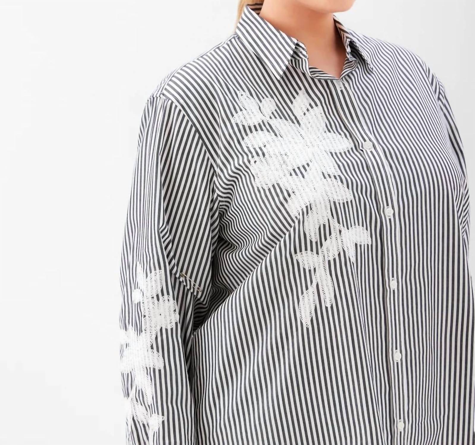 Karen Kane - Long Sleeve Stripe Embroidered Shirt - Plus Size
