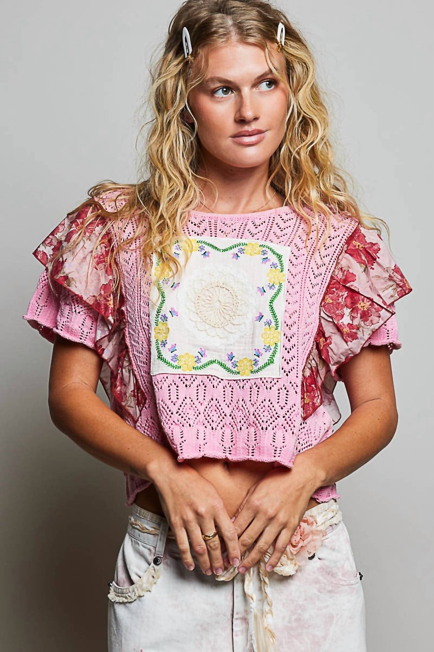 Pol - Jessica Pointelle Knit Swing Patchwork Sweater Top