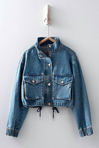 Urban Daizy - Drawstring Hem Stand Collar Denim Jacket
