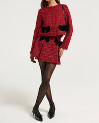 Moon River - Plaid Crewneck Crop Jacket With Front Detail Ribbon