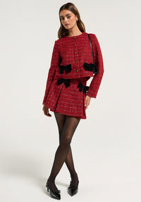 Moon River - Plaid Crewneck Crop Jacket With Front Detail Ribbon