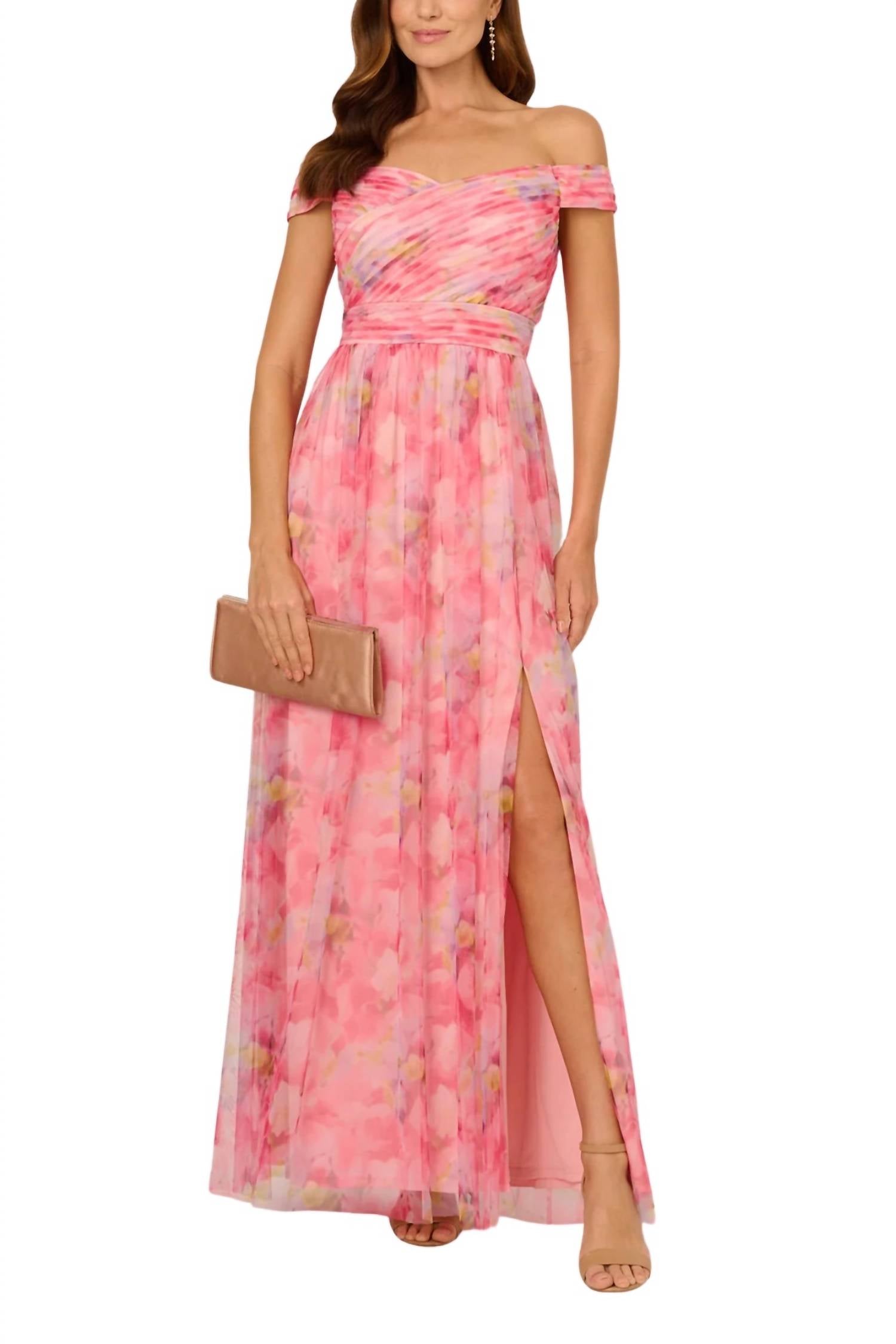 Adrianna Papell - Floral Tulle Off-the-shoulder Dress