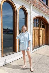 OLIVACEOUS Skies Button Down Shirt And Shorts Set in blue - women's sleepwear - detail view