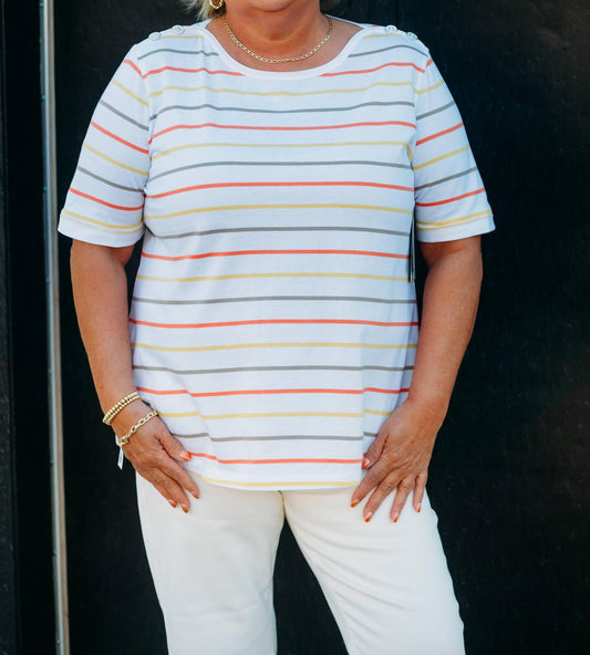 Multiples - Cuffed Elbow Sleeve Bateau Stripe Jersey Knit Top