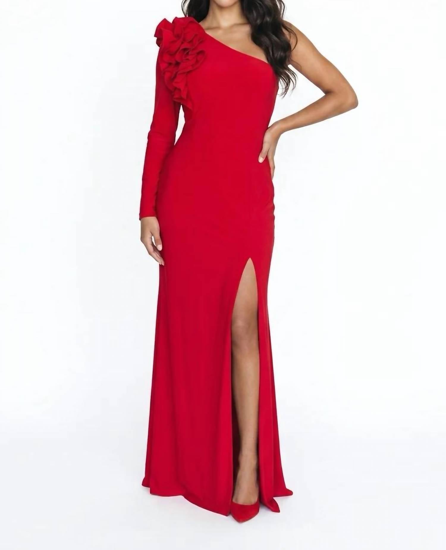 Xscape - Women's One Shoulder Ruffle Formal Maxi Dress