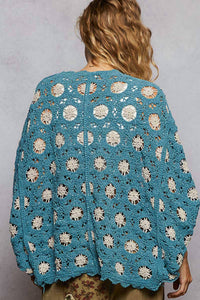 POL Floral Crochet Cardigan in teal - women's cardigan - alternate view