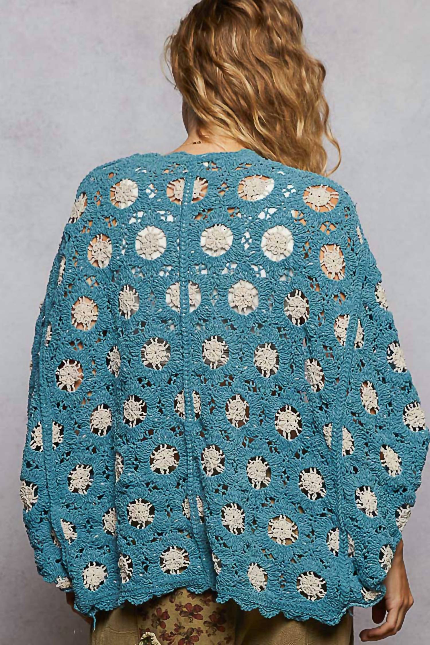 POL Floral Crochet Cardigan in teal - women's cardigan - alternate view