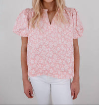 BiBi Textured Floral Ruffle Neck Top in blush - women's t-shirt