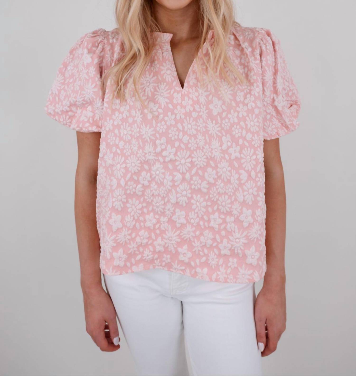 BiBi Textured Floral Ruffle Neck Top in blush - women's t-shirt