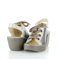 FLY LONDON Women's Yuta Wedge Sandals in silver metal - women's shoe - detail view