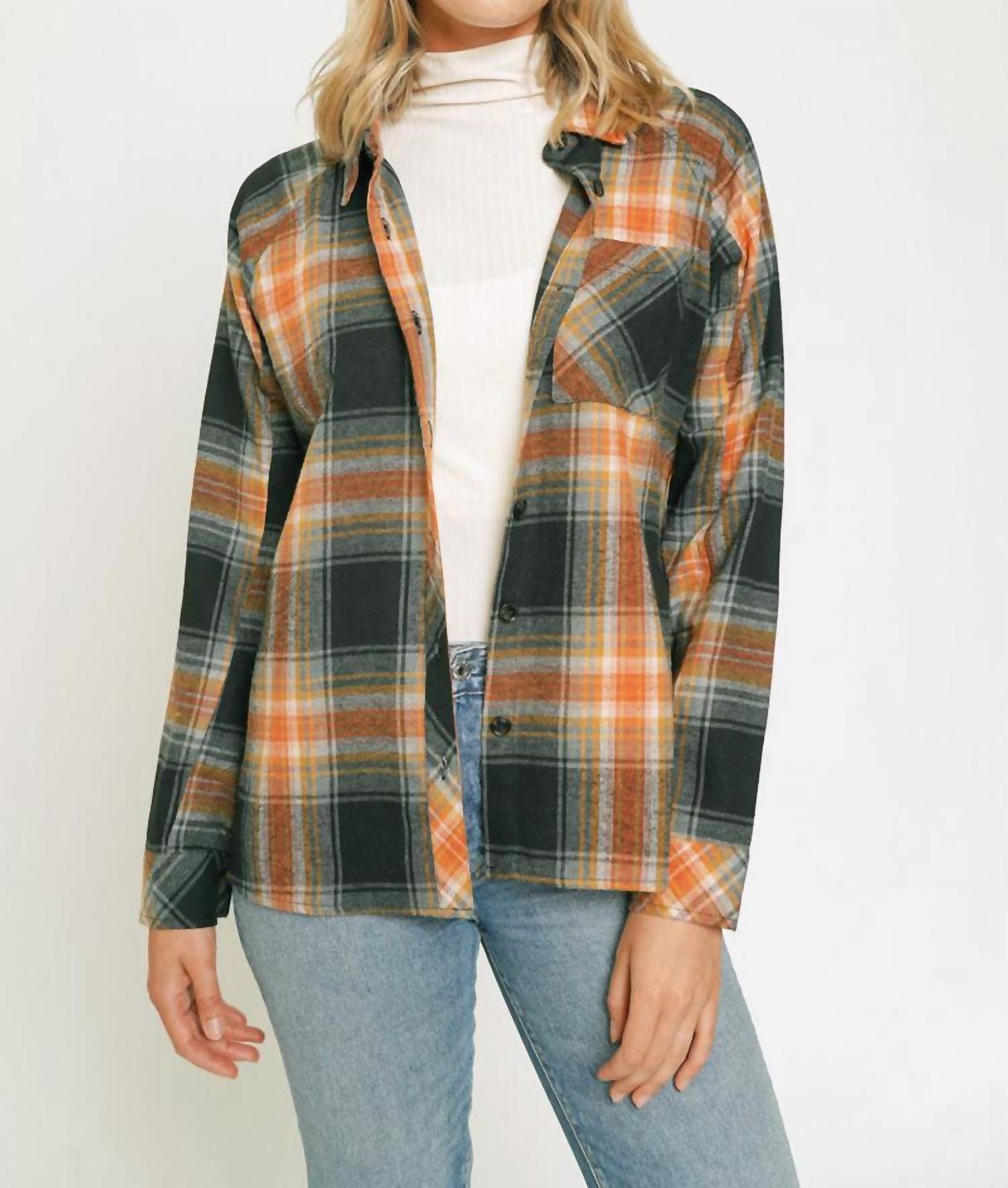 mystree Washed Flannel Shirt in black - women's long sleeve top