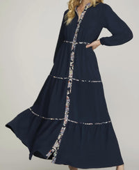 She + Sky - Long Sleeve Tiered Maxi Dress With Printed Contrast Button Front