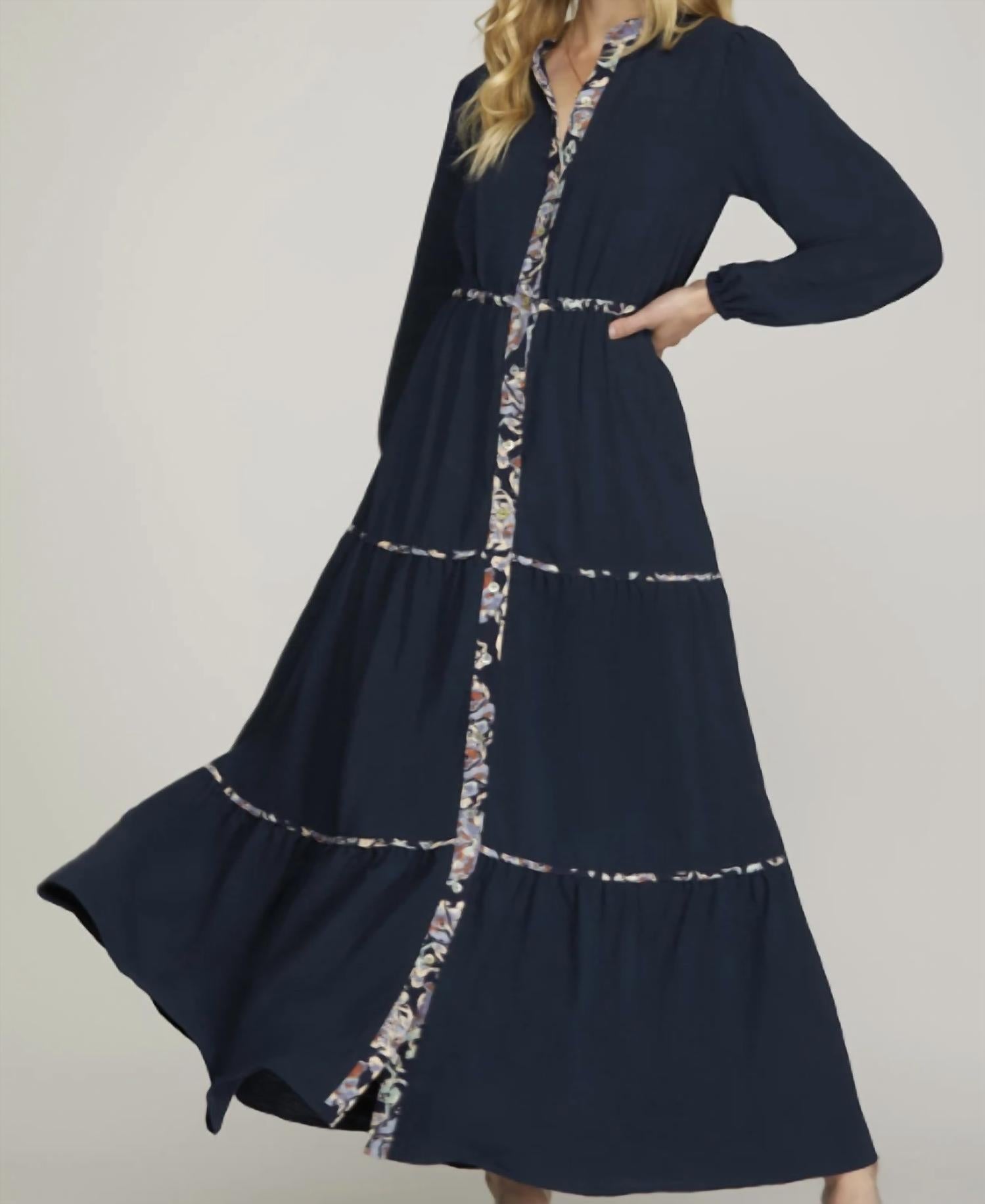 She + Sky - Long Sleeve Tiered Maxi Dress With Printed Contrast Button Front