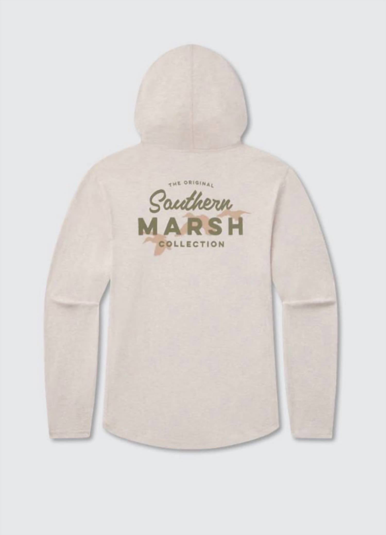 Southern Marsh Men's Three Ducks Classic Hoodie Tee in washed oatmeal - men's shirt - detail view