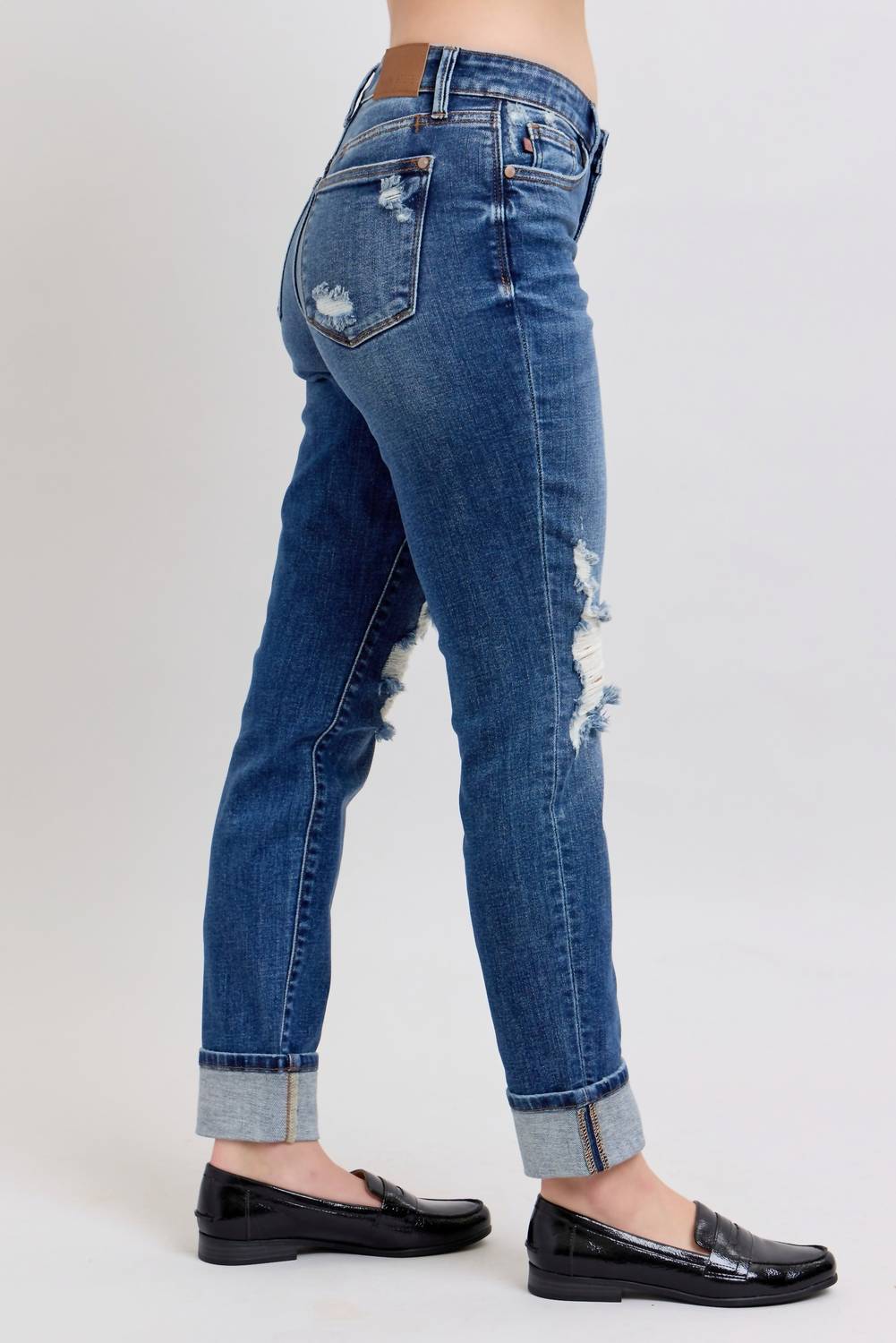 Judy Blue Distressed Knit Boyfriend Cuffed Jean in dark wash - women's jeans - detail view