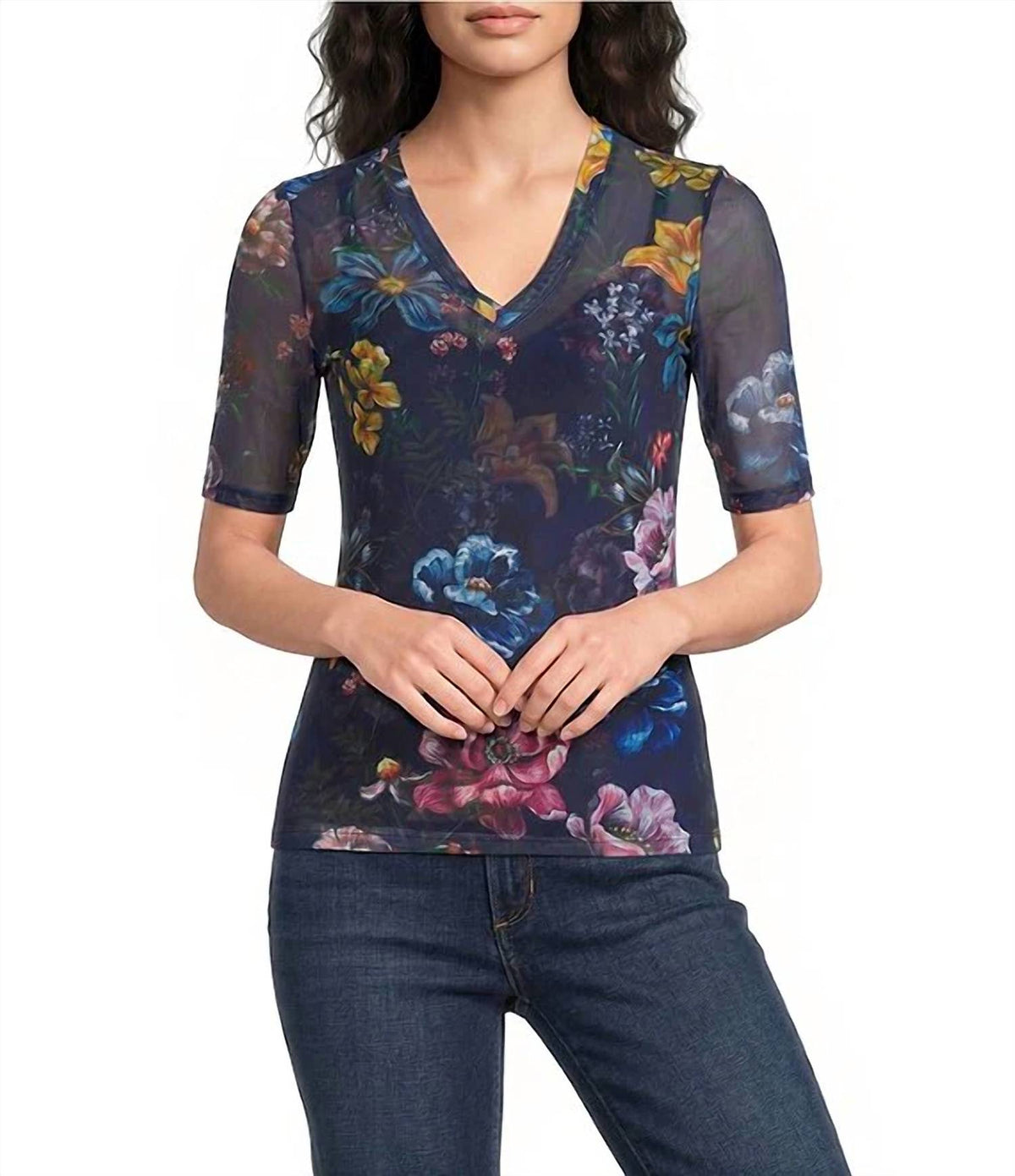 Johnny Was - VNeck Elbow Sleeve Mesh Top