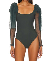 Free People Tongue Tied Mesh Detail Bodysuit in green gables - women's shirt - detail view