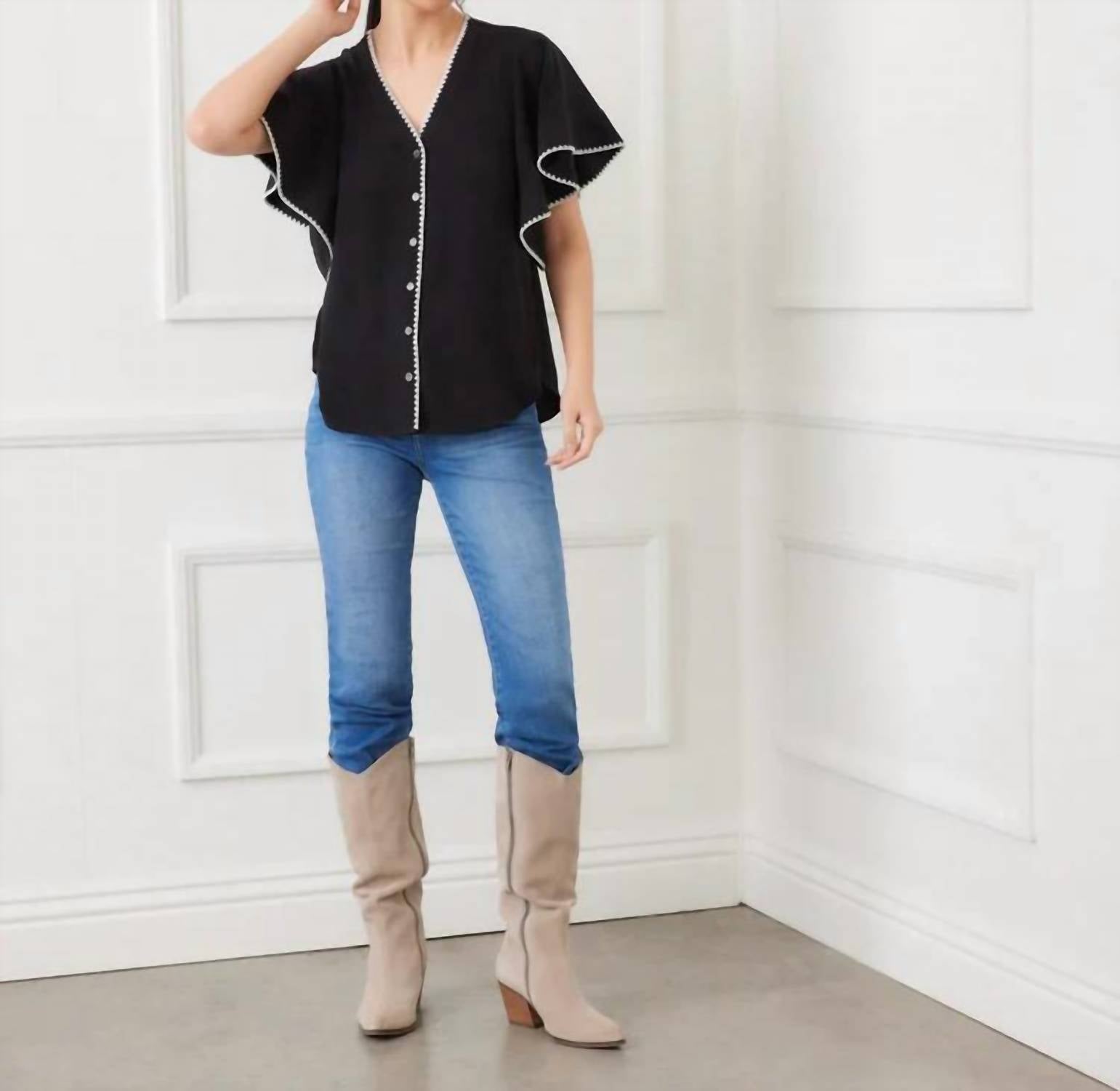 Karen Kane - Felicity Flutter Sleeve Edge Stitch Top