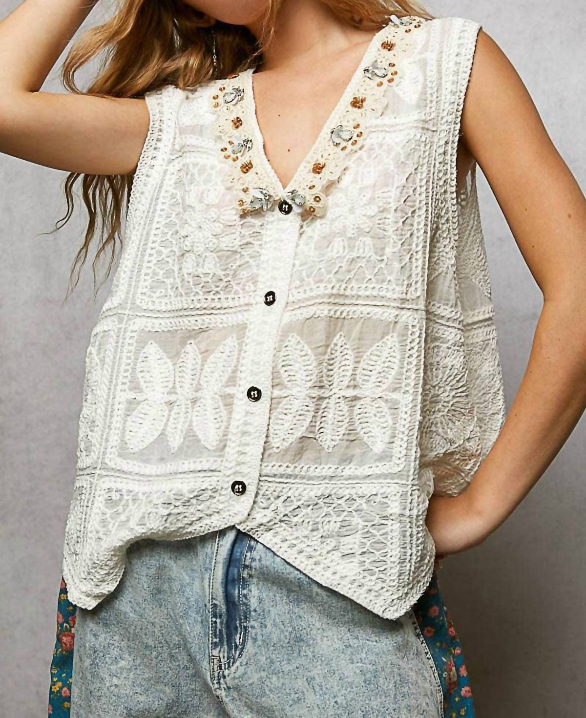 Pol - Boho Crochet Lace Trim Embellishment Vest Top