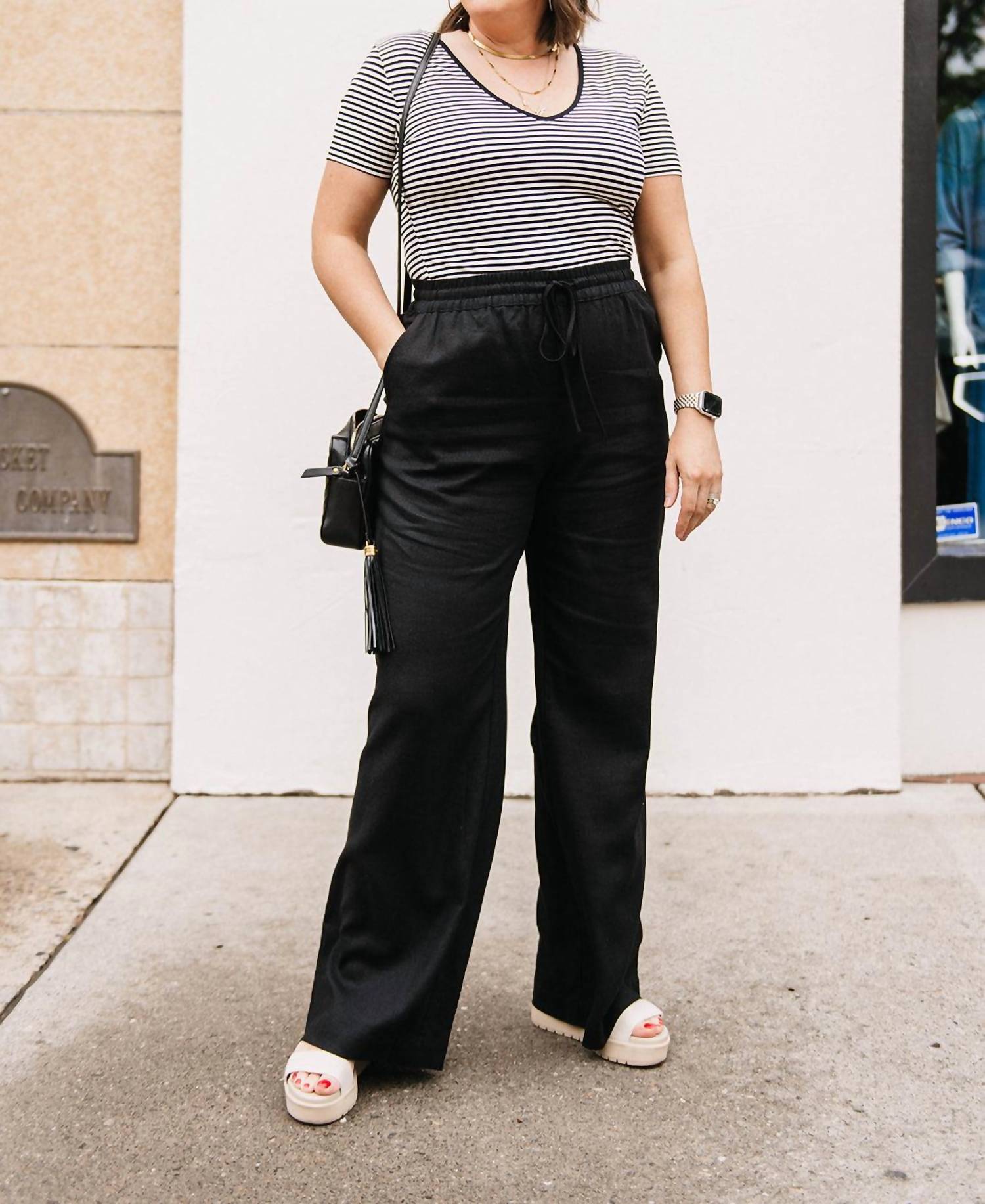 STEVE MADDEN Linen Blend Straight Leg Pants in black - women's pants