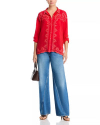 Johnny Was WESTERN AUDREY COLLARED SHIRT in racer red - women's blouse - detail view