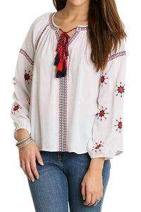 Umgee - Embroidered Tassel Tie Blouse