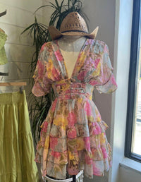 OLIVACEOUS Floral Mini Dress in pastel multi - women's dress - detail view
