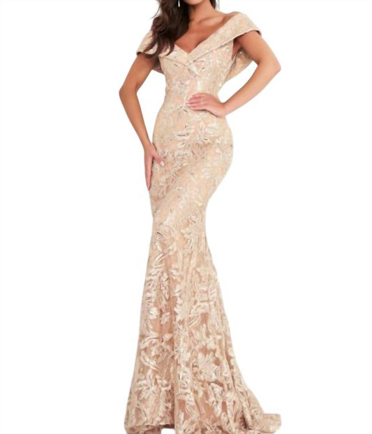 Jovani - brocade off the shoulder gown