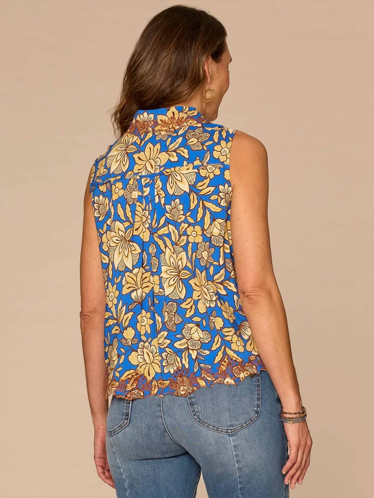 Democracy - Sleeveless Half Placket Printed Embroidered Woven Top