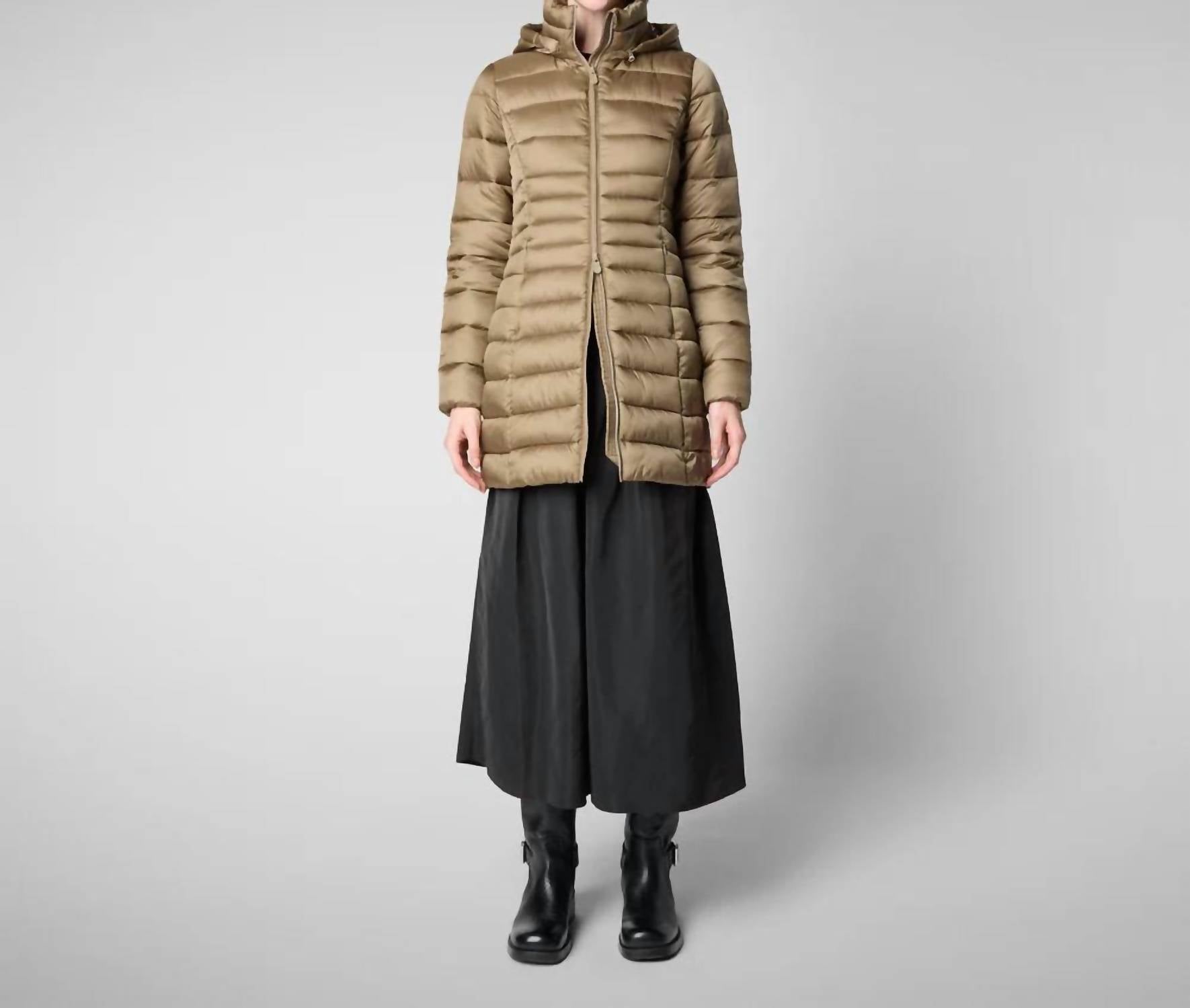 SAVE THE DUCK Reese Hooded Puffer Coat in husk green - women's top