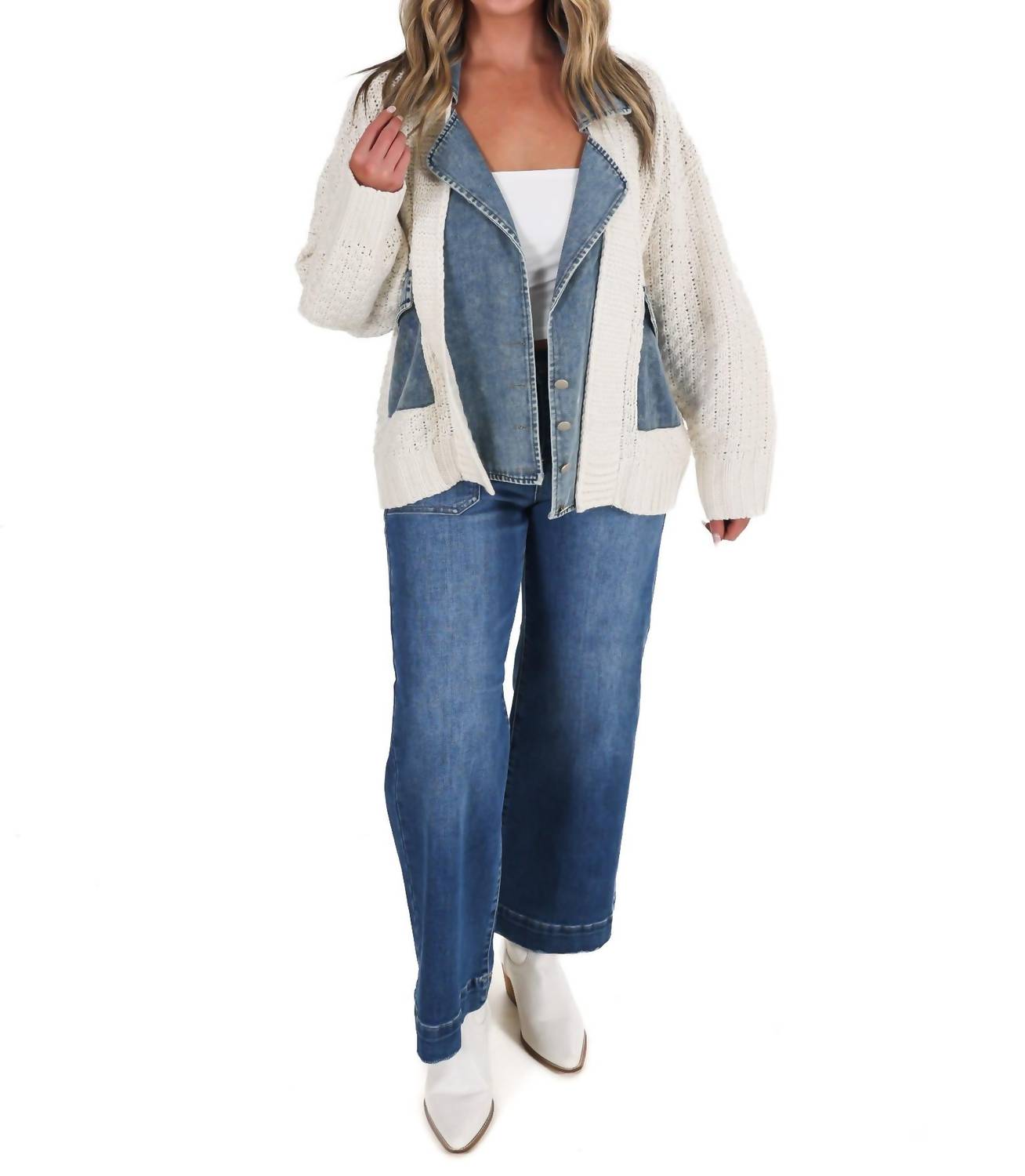 Blu Pepper - Mixed Media Cable Knit Denim Trim Jacket