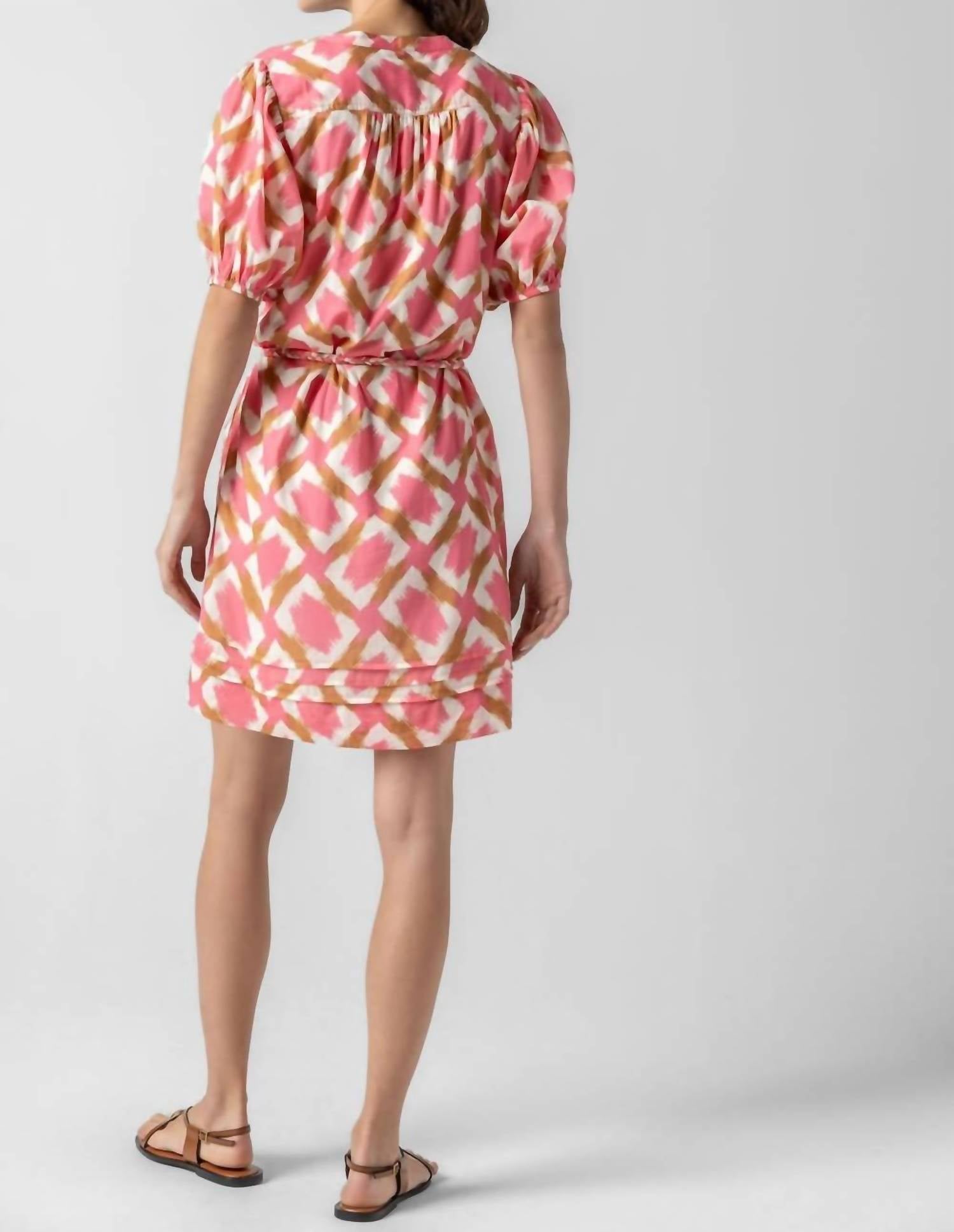 Lilla P Printed Voile Shirred Elbow Sleeve Dress in punch ikat print - women's dress - detail view
