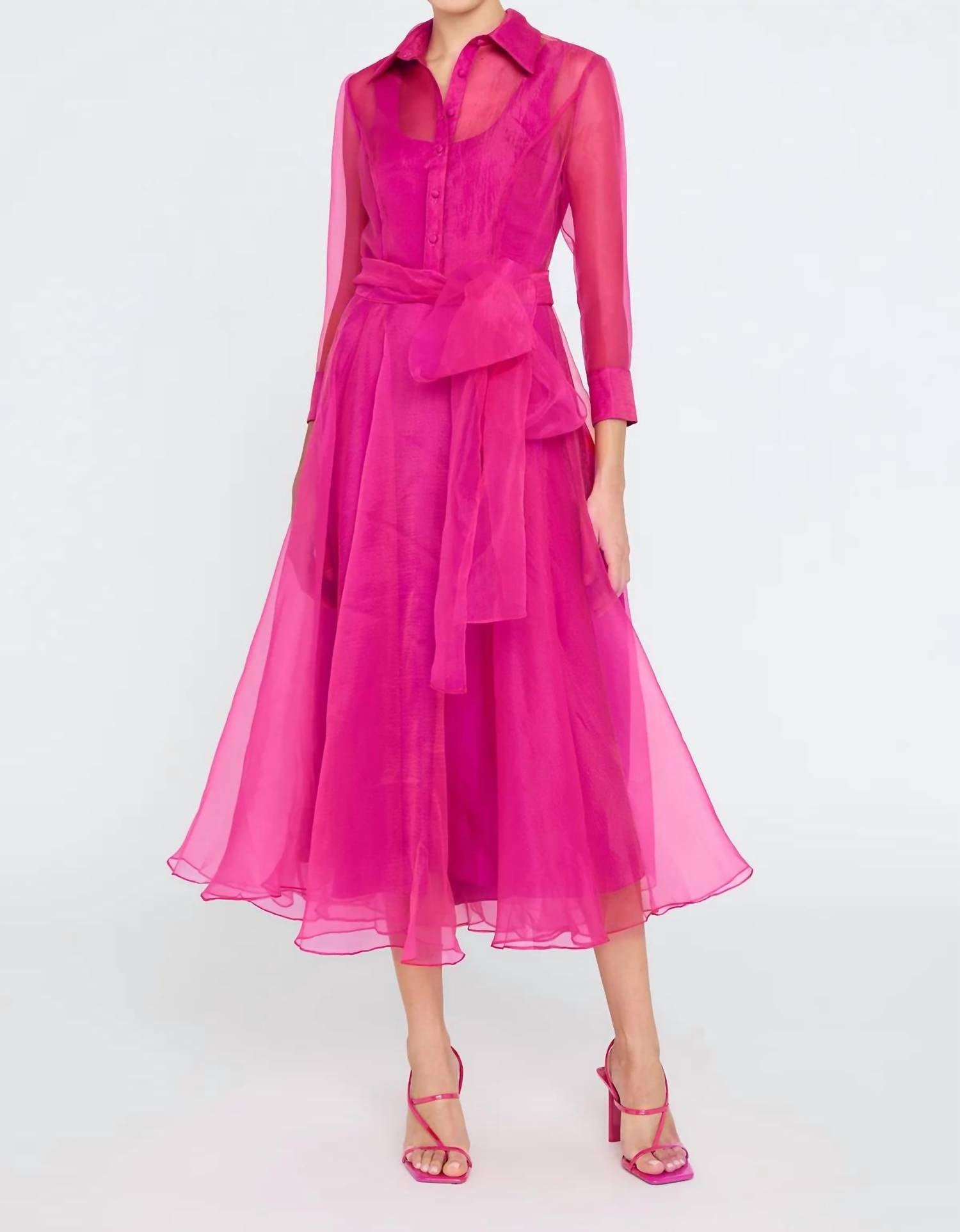 THEIA Starlette Organza Shirt Dress in sunset fuchsia - women's dress