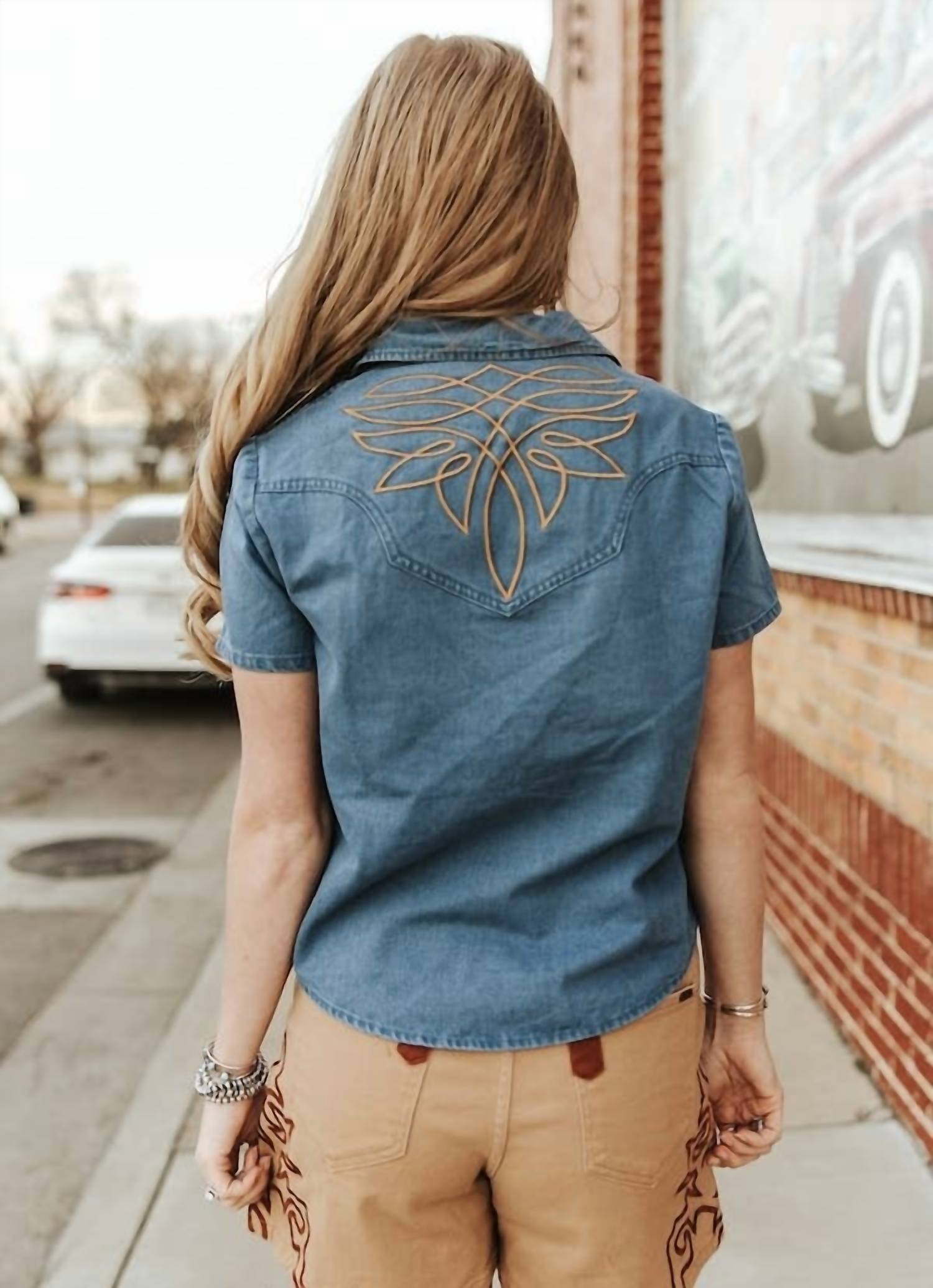Lucky & Blessed - Stretch Denim Pearl Snap Boot-stitch Top