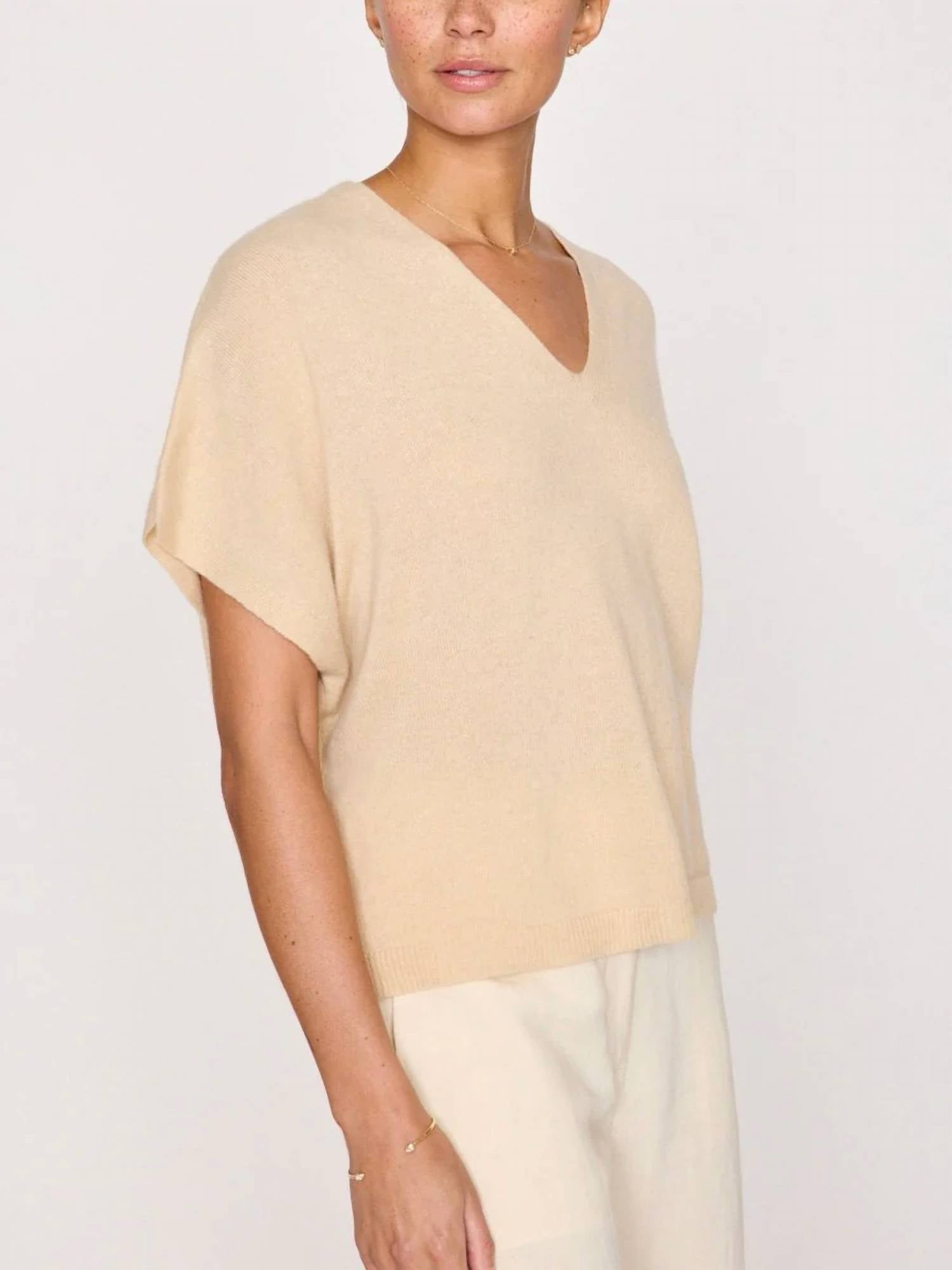 Brochu Walker Ophi Cashmere Vee Sweater in buff - women's sweater - detail view