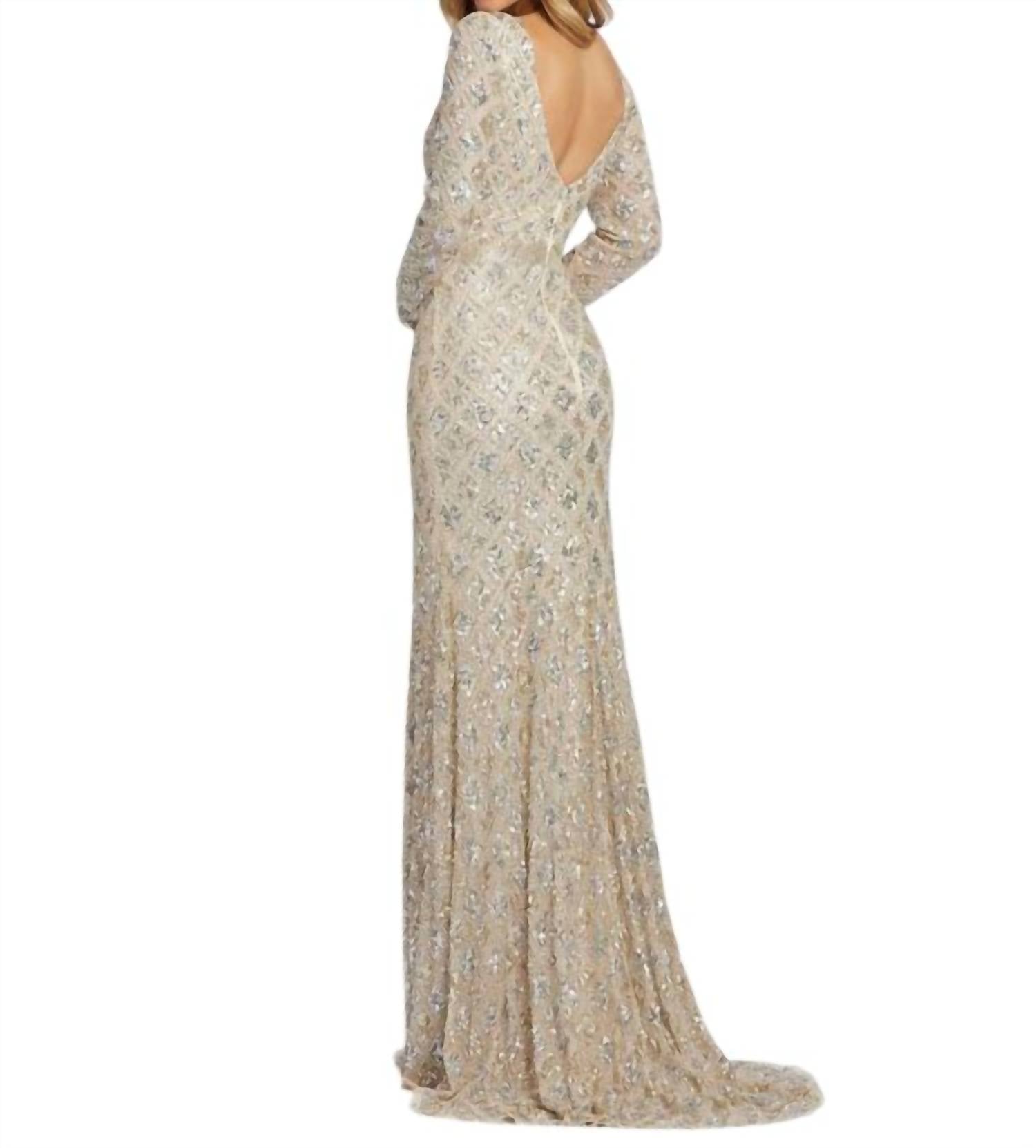 MAC DUGGAL Long Sleeve Embellished Dress in nude - women's dress - detail view