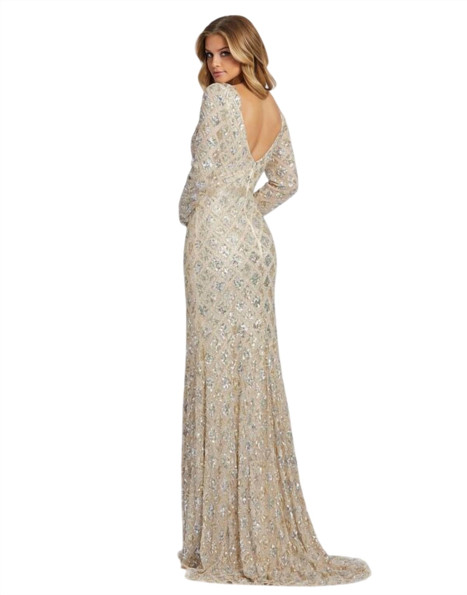 MAC DUGGAL Long Sleeve Embellished Dress in nude - women's dress - alternate view