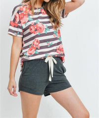 Perfect Peach - Short Sleeved Striped Floral Tee