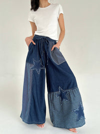 Mello Frayed Star Patch Wide Pants in denim - women's pants