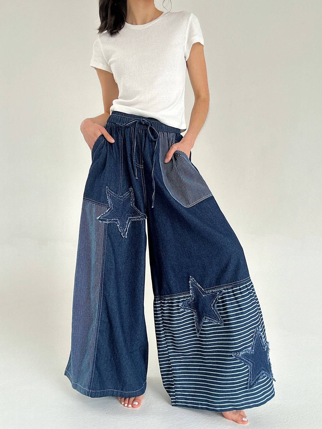 Mello Frayed Star Patch Wide Pants in denim - women's pants