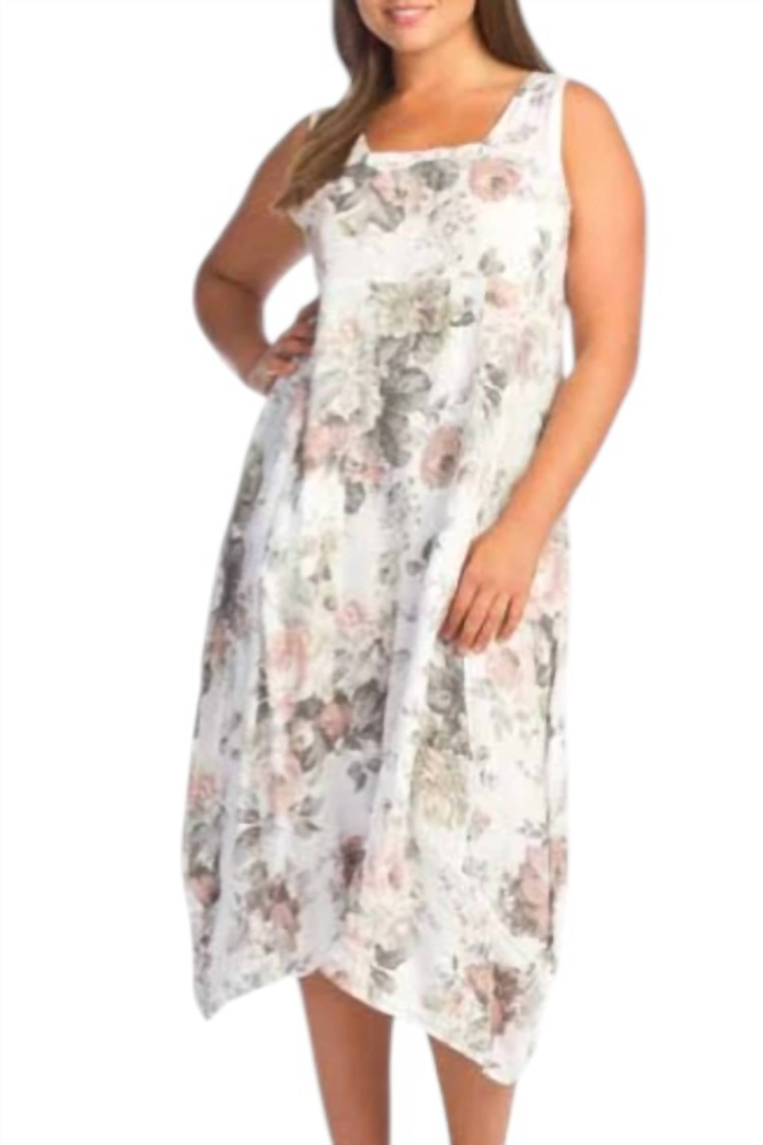 Papillon Floral Linen Panelled Dress in white - women's dress - detail view