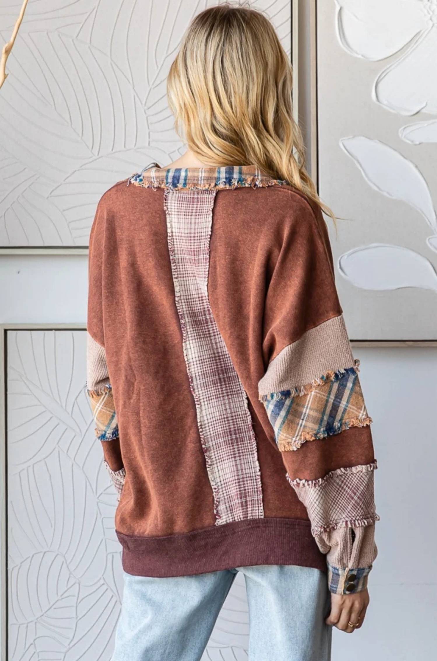 Oli & Hali - Washed Patchwork Collared Pullover Top