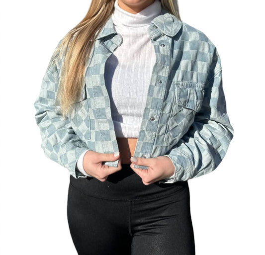 Trend:Notes - Checkerboard Print Cropped Denim Jacket