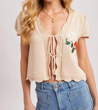 Bluivy - Women's Embroidered Cap Sleeve Open Front Self-tie Knit Top