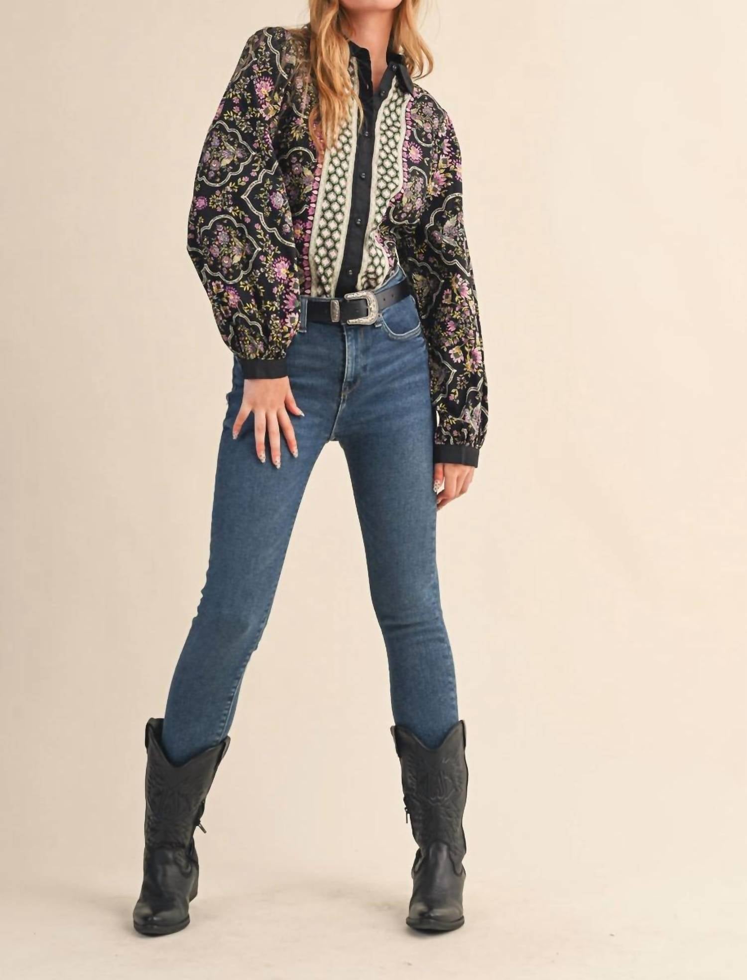 &merci Miley Button Up Top in black multi - women's shirt - alternate view