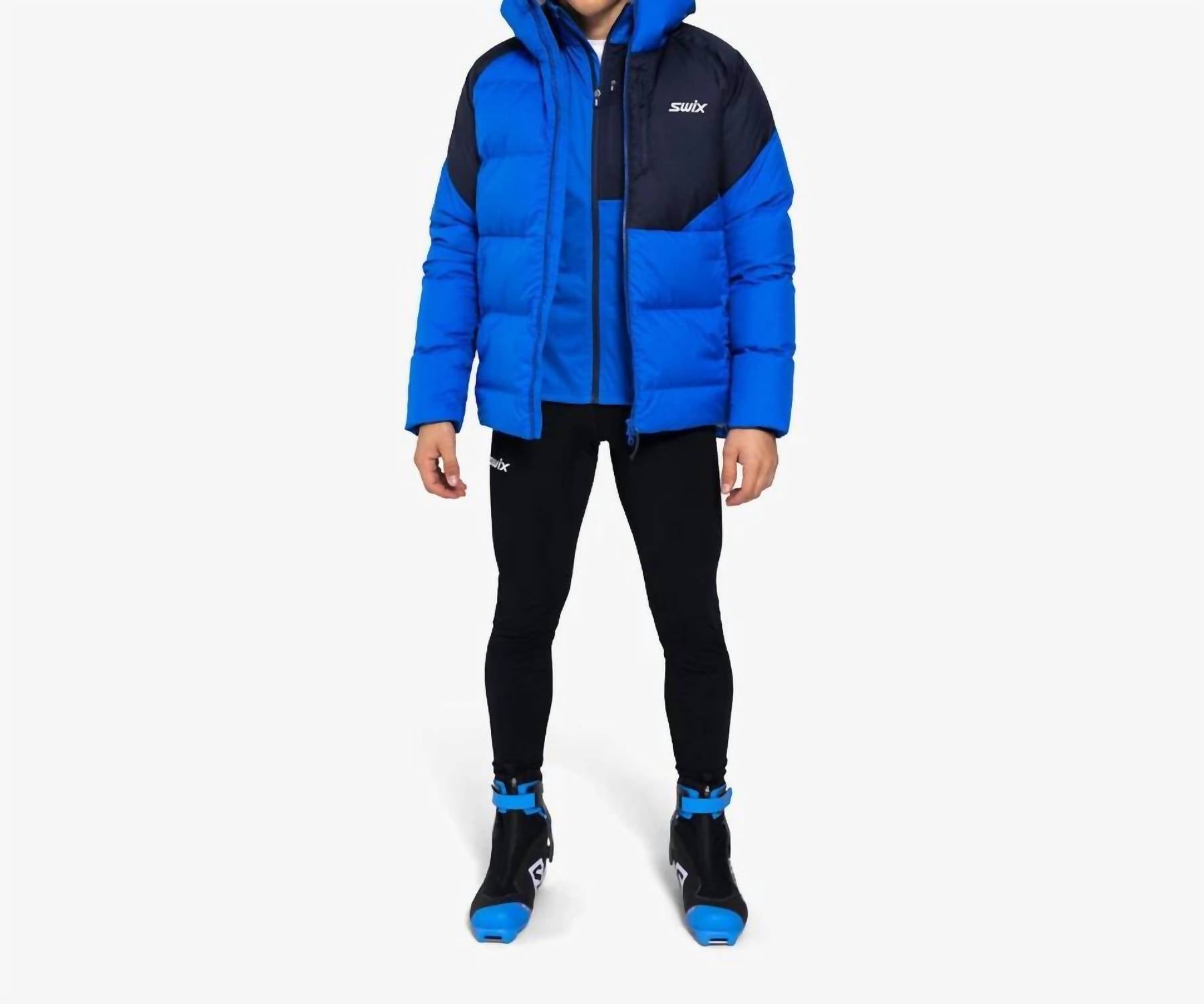swix Focus Down Puffer Hooded Zip Jacket in blue black - men's jacket - detail view
