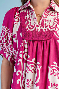 Gigio - Mixed Print Short Puff Sleeve Midi Dress