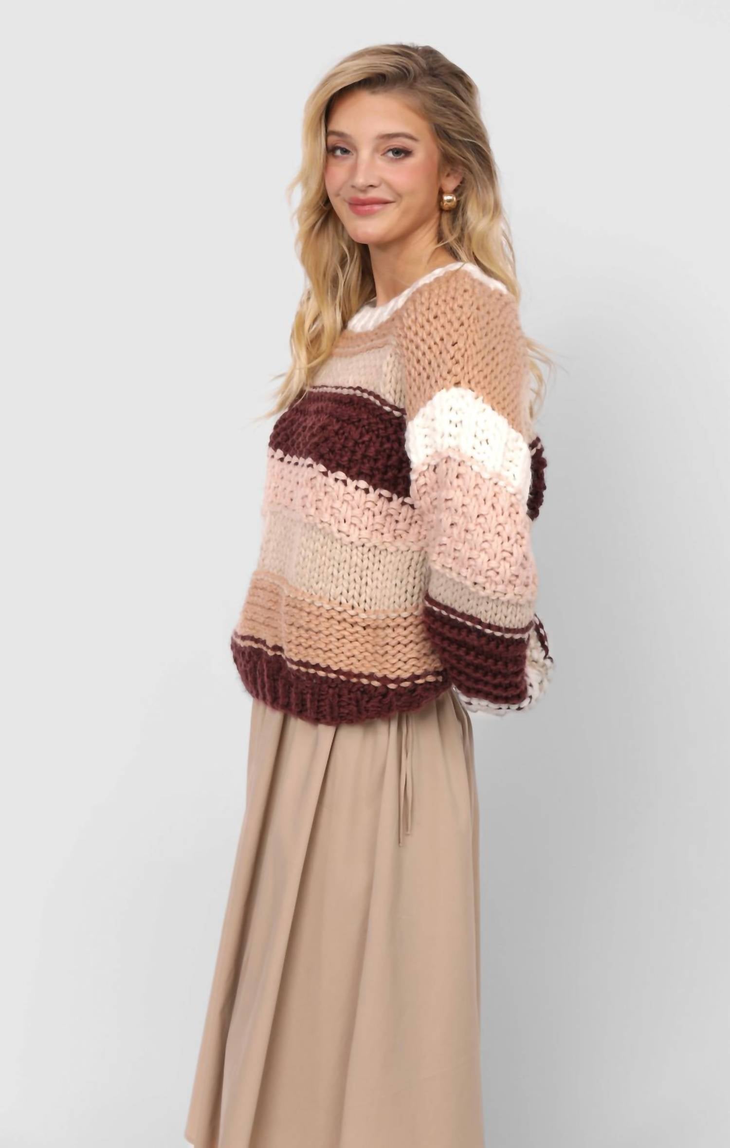 Sadie & Sage Butter Pecan Chunky Sweater in burgundy multi - women's sweater - alternate view