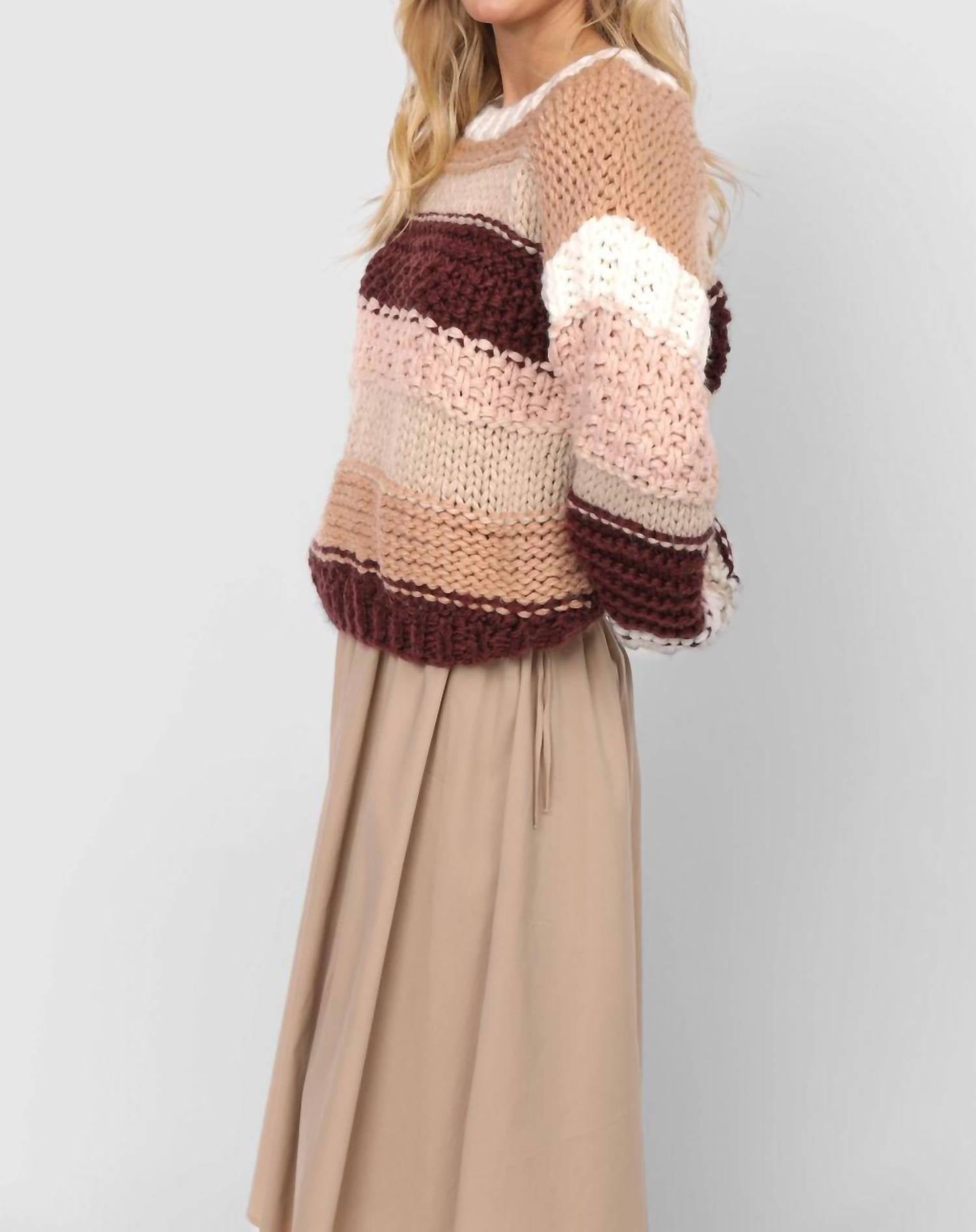 Sadie & Sage Butter Pecan Chunky Sweater in burgundy multi - women's sweater - detail view